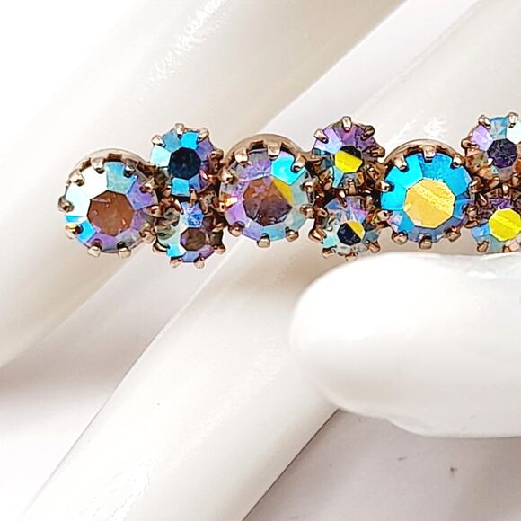 Vintage Aurora Borealis Rhinestone Bar Pin, Gold Plated Backing, Prong Set - Picture 3 of 10